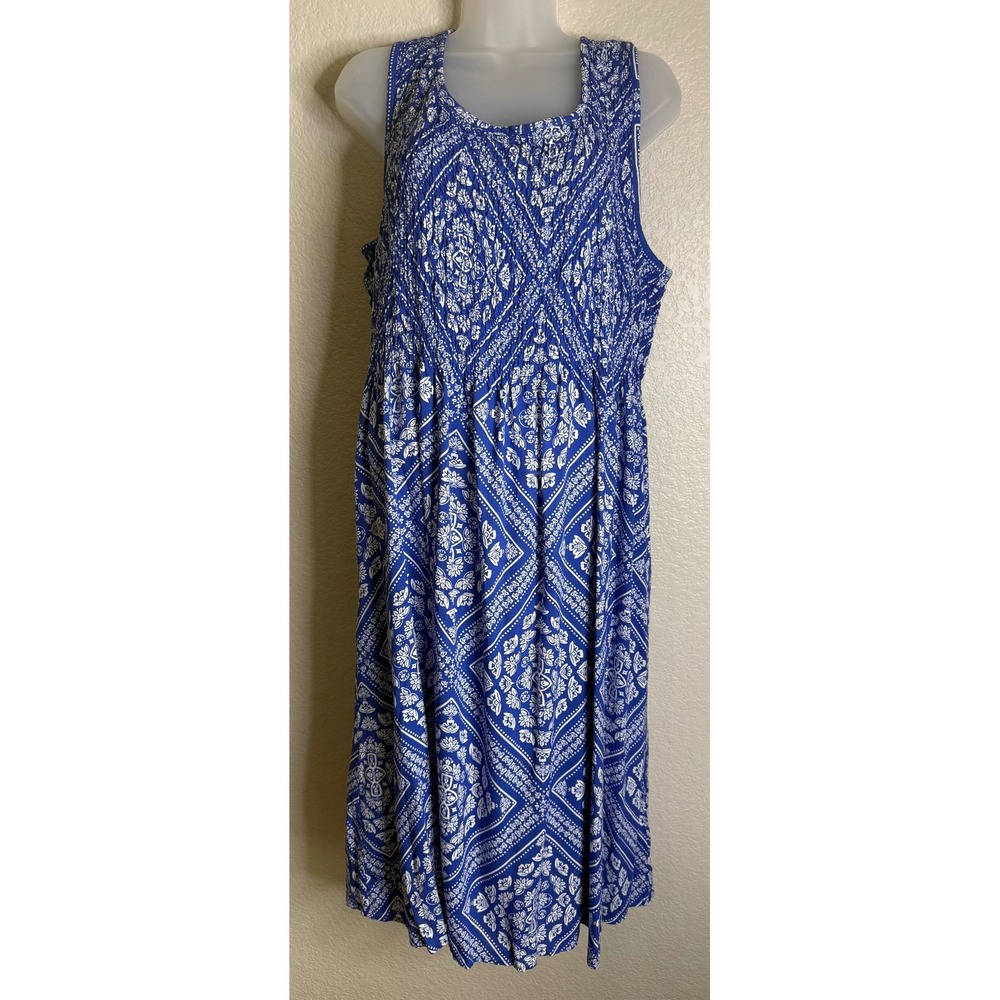Croft & Barrow XXL Midi Dress Blue White Medallion Smocked Sleeveless Artsy Boho